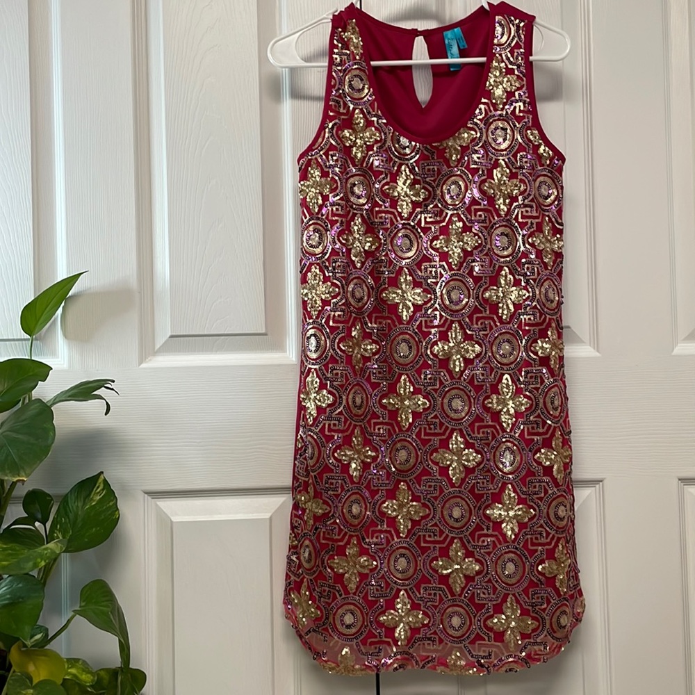 Franchesca’s Pink and Gold sequin sleeveless small party dress